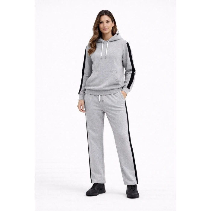 KADIN Yandan Şeritli Eşofman Takım Kapüşonlu Sweatshirt Boru Paça Alt, Oversize 3 iplik Pamuklu - Gri