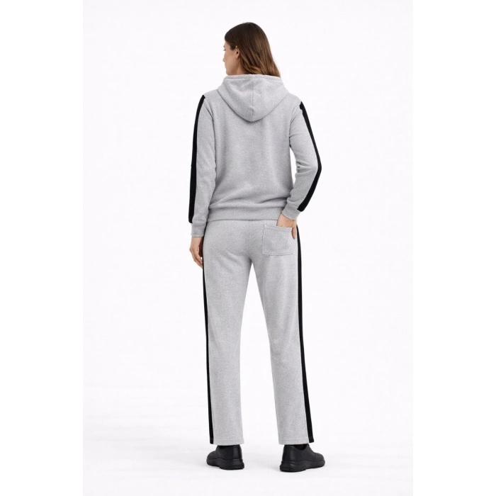 KADIN Yandan Şeritli Eşofman Takım Kapüşonlu Sweatshirt Boru Paça Alt, Oversize 3 iplik Pamuklu - Gri