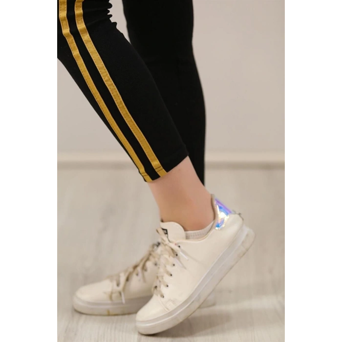 Kadın Yanı Sarı Şeritli Tayt - Siyah