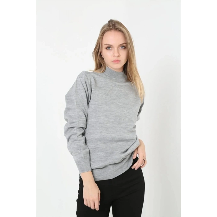 Kadın Yarım Balıkçı Yaka Triko Kazak - Gri