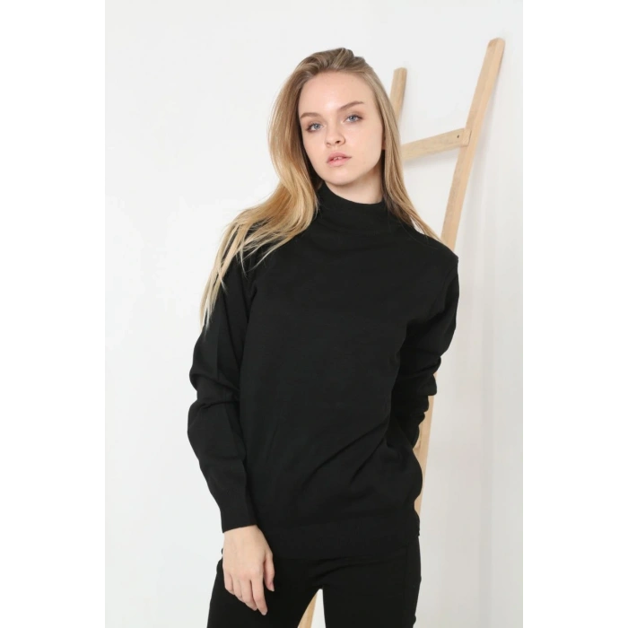 Kadın Yarım Boğaz Triko Kazak yumuşak dokulu Pamuklu ince Dokuma, uzun kollu Rahat Regular kalıp - Siyah