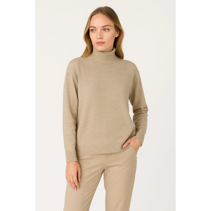 Kadın Yarım Boğaz Triko Kazak yumuşak dokulu Pamuklu ince Dokuma, uzun kollu Rahat Regular kalıp - Bej