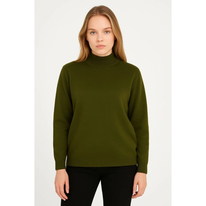 Kadın Yarım Boğaz Triko Kazak yumuşak dokulu Pamuklu ince Dokuma, uzun kollu Rahat Regular kalıp - Haki