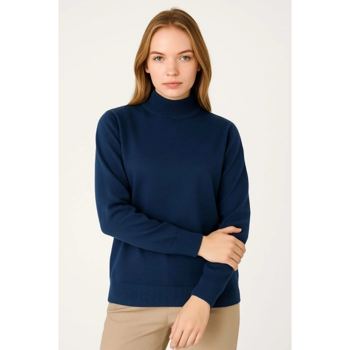 Kadın Yarım Boğaz Triko Kazak yumuşak dokulu Pamuklu ince Dokuma, uzun kollu Rahat Regular kalıp - Lacivert