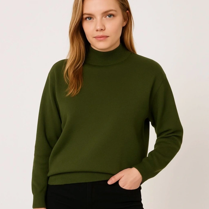 Kadın Yarım Boğaz Triko Kazak yumuşak dokulu Pamuklu ince Dokuma, uzun kollu Rahat Regular kalıp - Haki