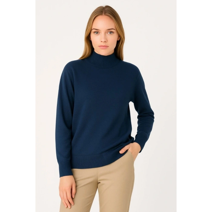 Kadın Yarım Boğaz Triko Kazak yumuşak dokulu Pamuklu ince Dokuma, uzun kollu Rahat Regular kalıp - Lacivert