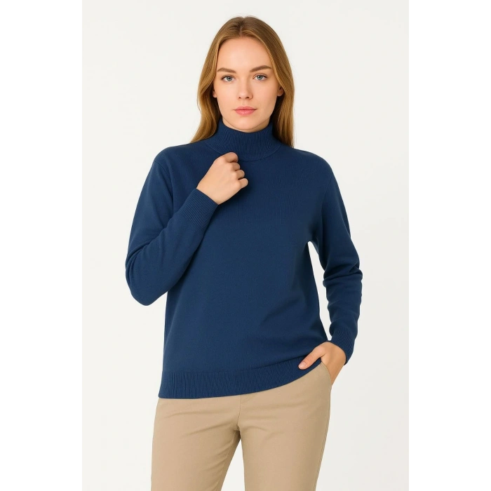 Kadın Yarım Boğaz Triko Kazak yumuşak dokulu Pamuklu ince Dokuma, uzun kollu Rahat Regular kalıp - İndigo