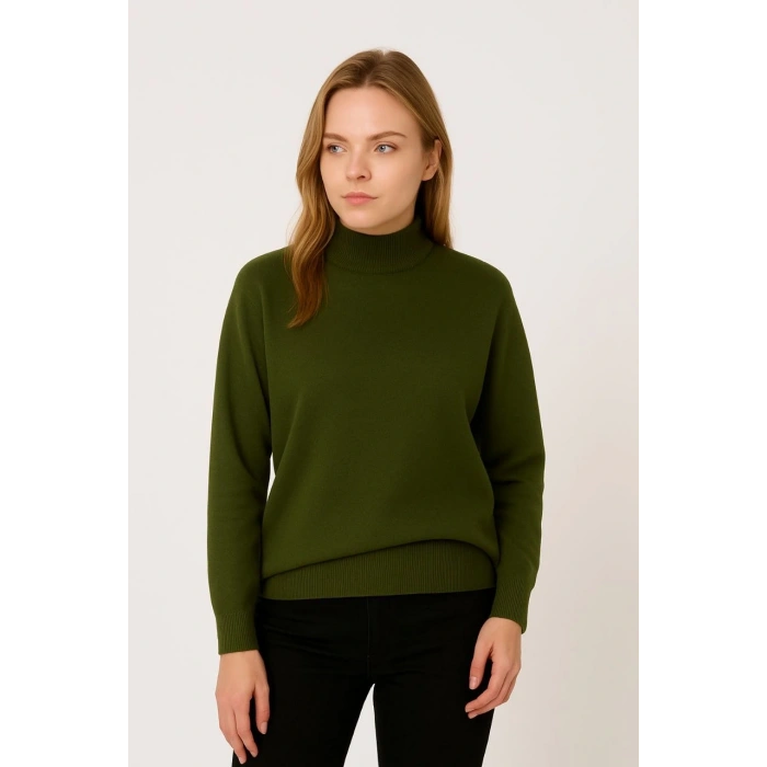 Kadın Yarım Boğaz Triko Kazak yumuşak dokulu Pamuklu ince Dokuma, uzun kollu Rahat Regular kalıp - Haki