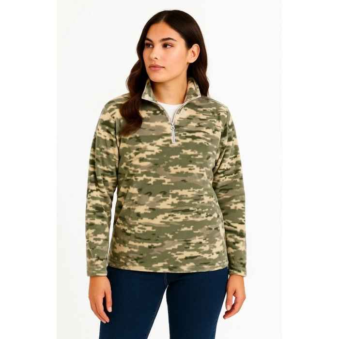 Kadın Yarım Fermuarlı Desenli Polar Sweat – Haki Kamuflaj Yakalı, Uzun Kollu, Oversize Rahat Kalıp - Haki