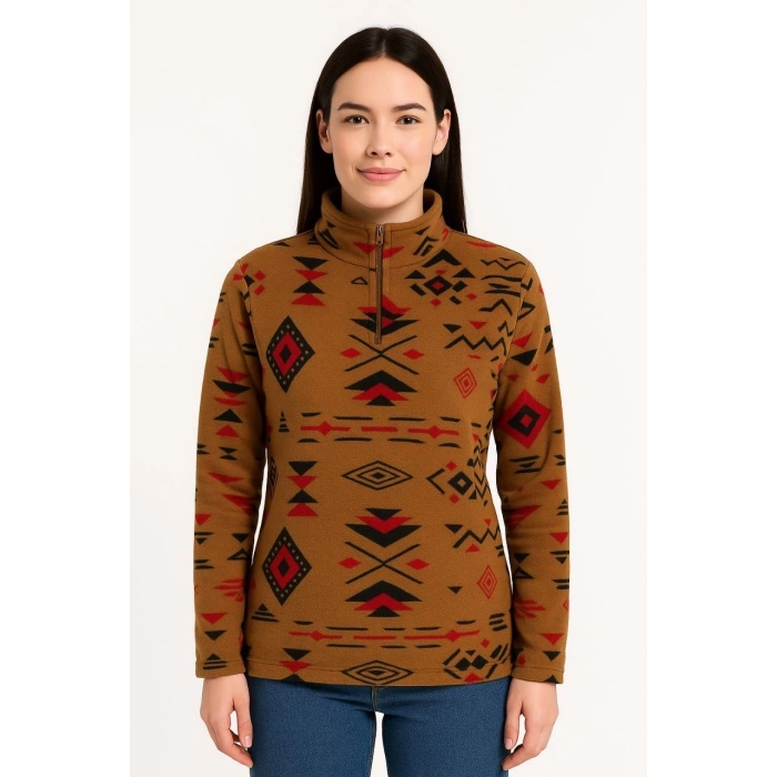 Kadın Yarım Fermuarlı Desenli Polar Sweat Tribal Etnik Desen Yakalı, Uzun Kollu, Oversize Rahat Kalıp - Kahverengi