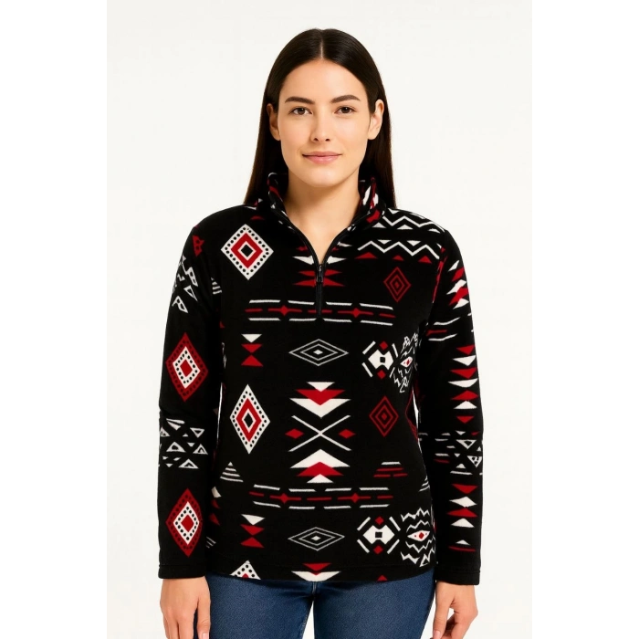 Kadın Yarım Fermuarlı Desenli Polar Sweat Tribal Etnik Desen Yakalı, Uzun Kollu, Oversize Rahat Kalıp - Siyah