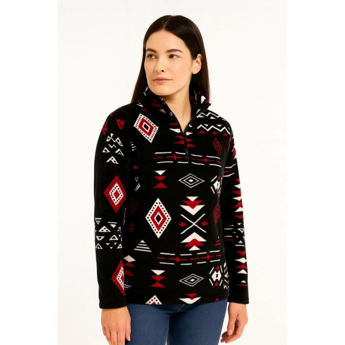 Kadın Yarım Fermuarlı Desenli Polar Sweat Tribal Etnik Desen Yakalı, Uzun Kollu, Oversize Rahat Kalıp - Siyah
