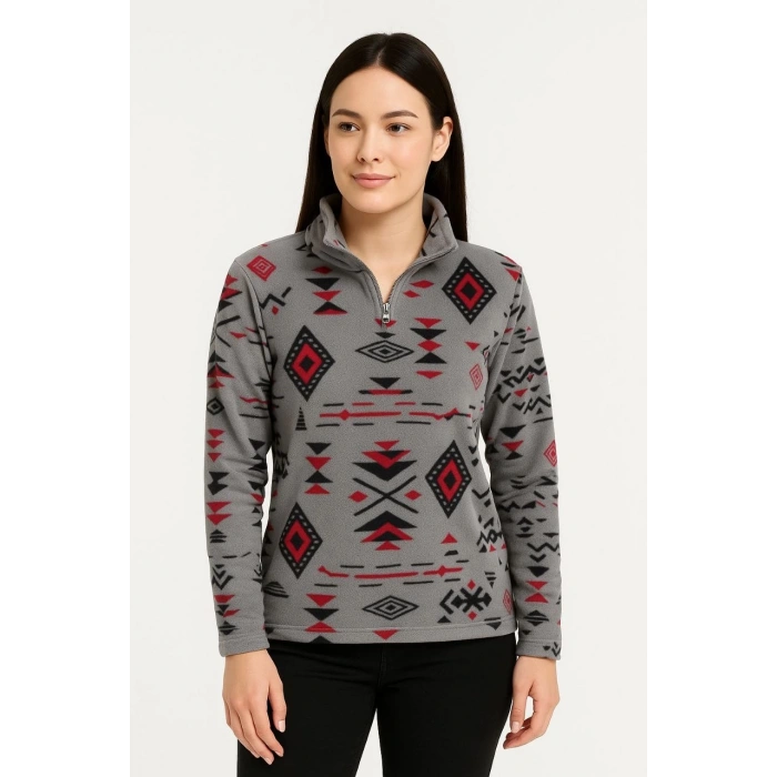 Kadın Yarım Fermuarlı Desenli Polar Sweat Tribal Etnik Desen Yakalı, Uzun Kollu, Oversize Rahat Kalıp - Füme