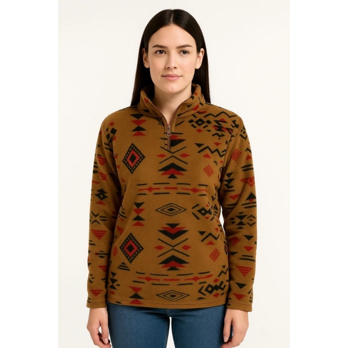 Kadın Yarım Fermuarlı Desenli Polar Sweat Tribal Etnik Desen Yakalı, Uzun Kollu, Oversize Rahat Kalıp - Kahverengi
