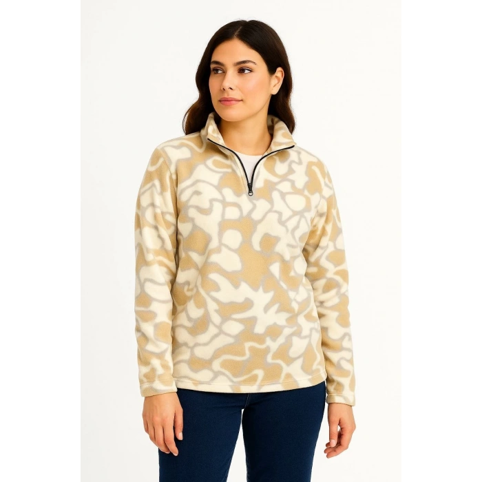 KADIN Yarım Fermuarlı Desenli Polar Sweat Yakalı, Uzun Kollu, Oversize Rahat Kalıp - Bej