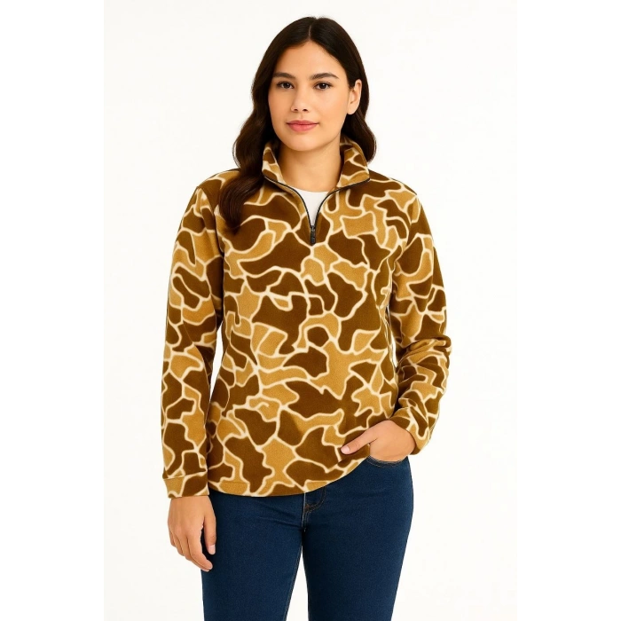 KADIN Yarım Fermuarlı Desenli Polar Sweat Yakalı, Uzun Kollu, Oversize Rahat Kalıp - Kahverengi