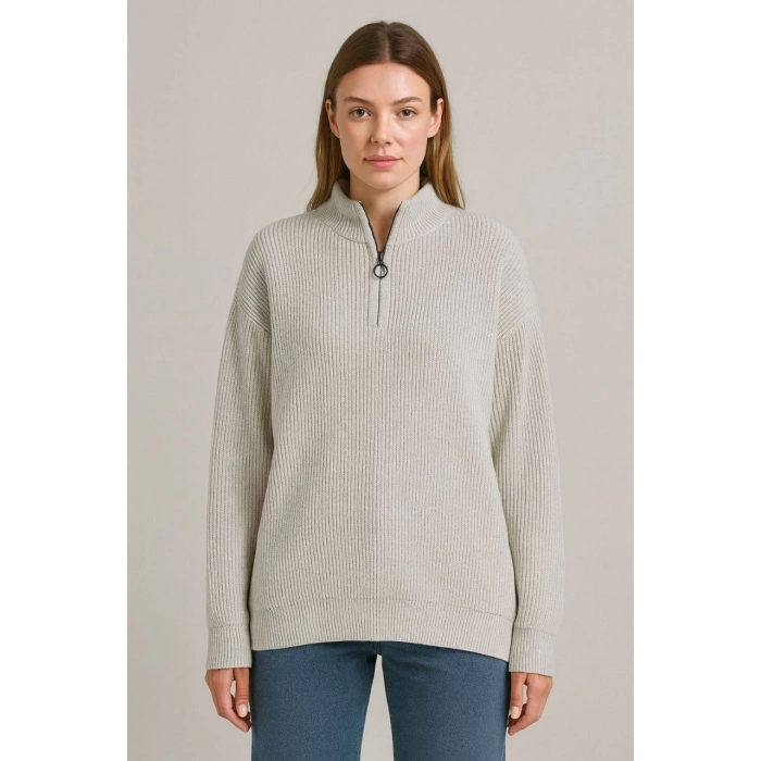 KADIN Yarım Fermuarlı Triko Kazak – Selanik Örgü, Dik Yaka, Pamuklu Dokuma, Oversize Uzun Kollu Kışlık Model - Bej