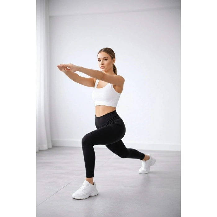 Kadın Yüksek Bel Toparlayıcı Likralı Düz Sporcu Tayt - Siyah