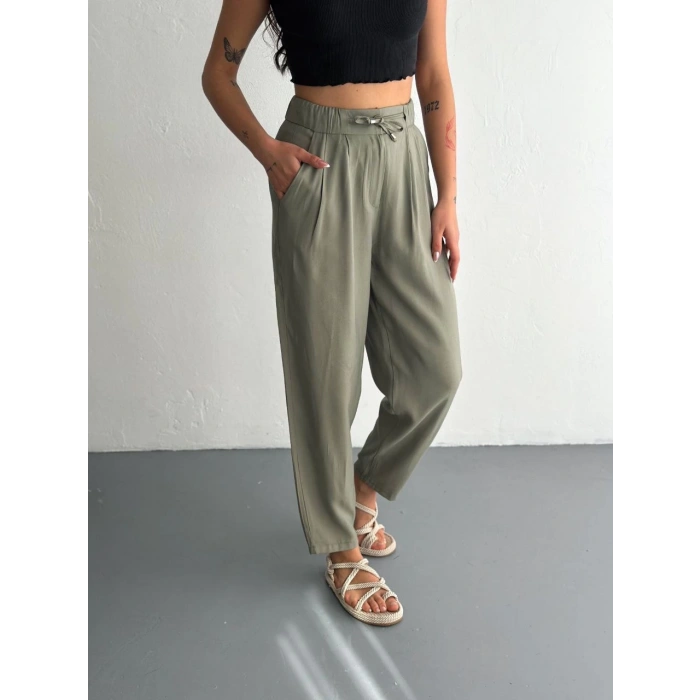 Kadın Yüksel Bel Beli Bağcıklı Cepli Rahat Paça Pantalon - Su Yeşili