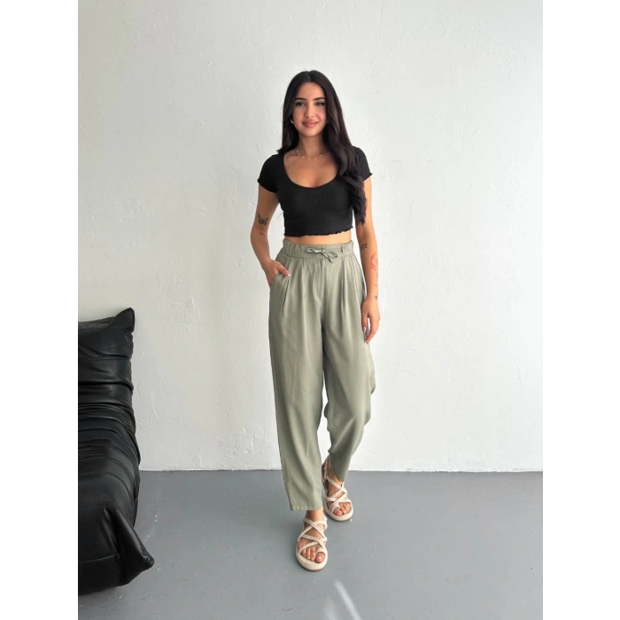 Kadın Yüksel Bel Beli Bağcıklı Cepli Rahat Paça Pantalon - Su Yeşili
