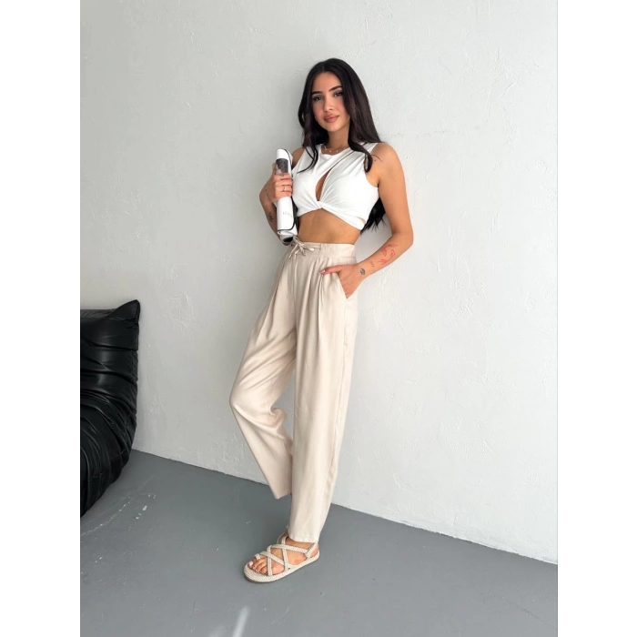 Kadın Yüksel Bel Beli Bağcıklı Rahat Boru Paça Pantalon - Kırık Beyaz