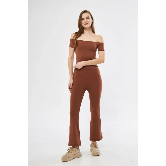 Kadın Yüksel Bel Fitilli İspanyol Paça Tayt - Kahve