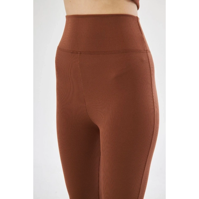 Kadın Yüksel Bel Fitilli İspanyol Paça Tayt - Kahve