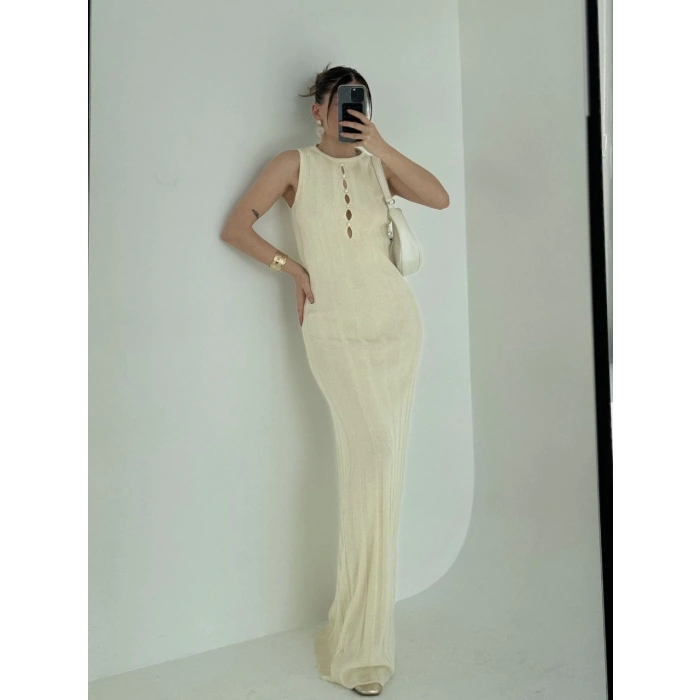 Kalın Fitilli Uzun Triko Elbise - Kırık Beyaz