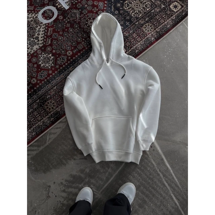 Kadın Kapüşonlu Üç İplik Penye Basic SweatShirt - Beyaz