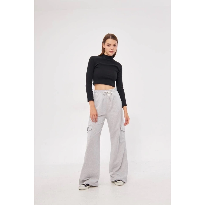 Kargo Cepli Palazzo Oversize Kesim İki iplik Bol Paça Eşofman Altı Pantalon - Gri