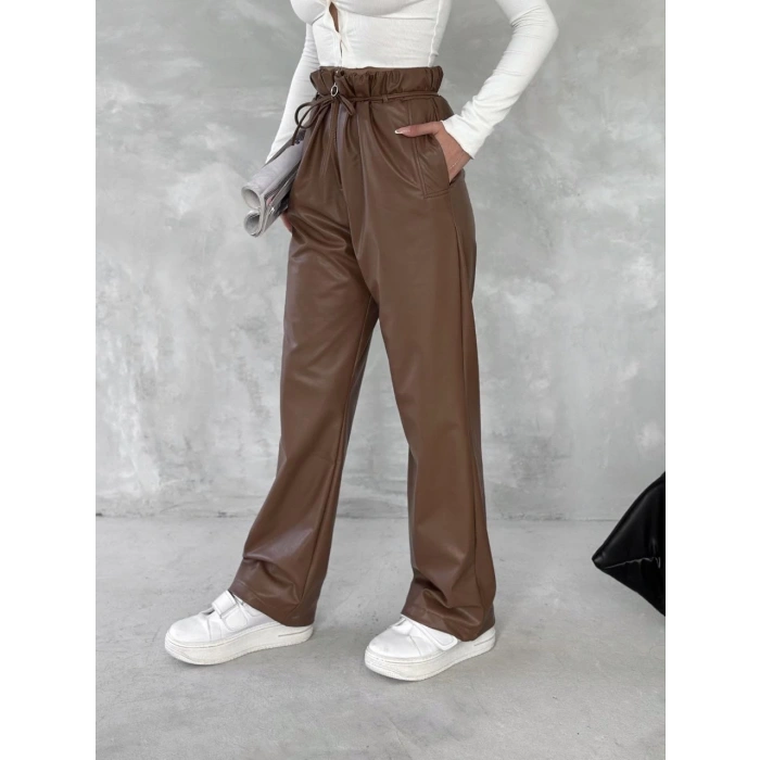 Kendinden ince kemerli deri pantolon kahve t1178