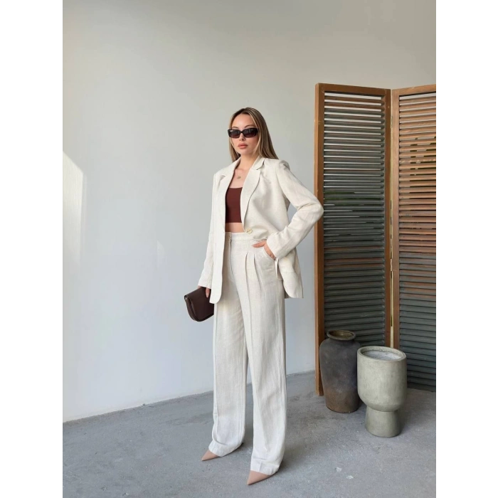 Keten Ceket Pantolon İlik Düğmeli Uzun Kollu Yırtmaçlı ikili Takım - Beyaz