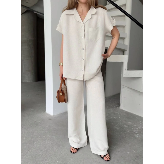 Keten Kısa Kollu Cepli Gömlek Pantolon ikili Takım - Beyaz