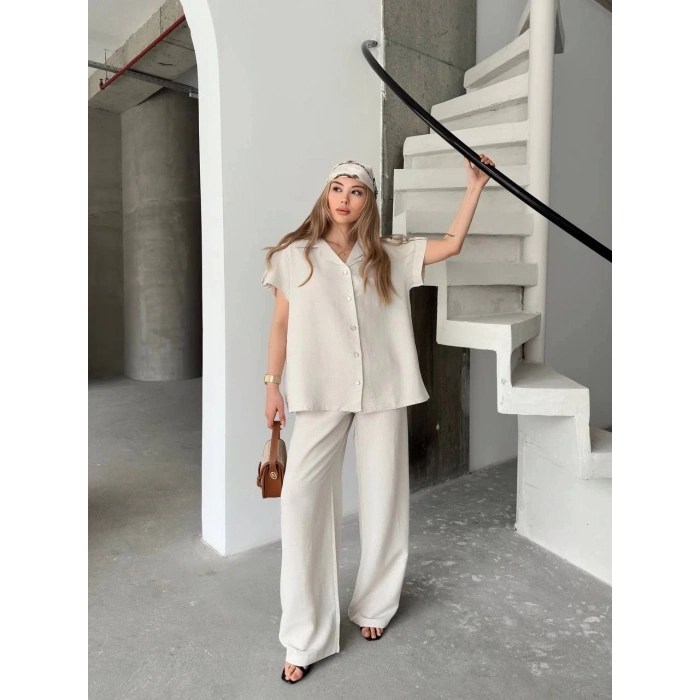 Keten Kısa Kollu Cepli Gömlek Pantolon ikili Takım - Beyaz