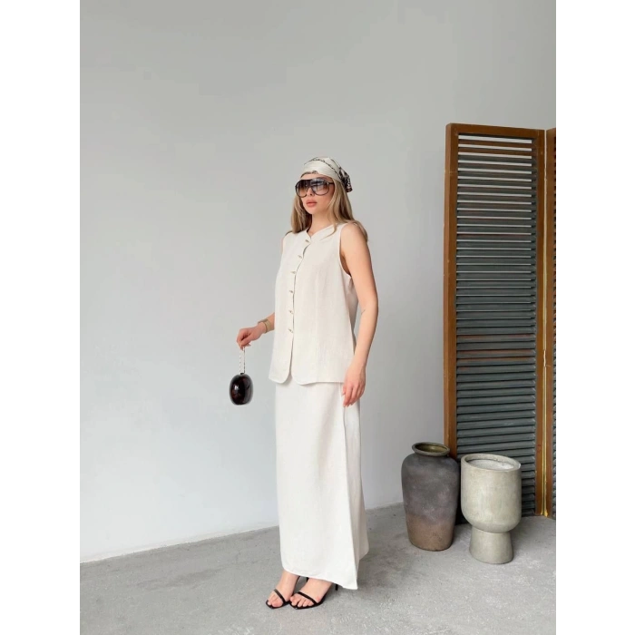 Keten Kolsuz Sıfır Yaka İlik Düğmeli Kolsuz Hırka Etek ikili Takım- Beyaz