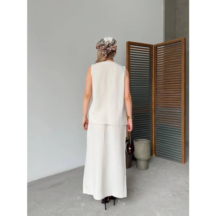 Keten Kolsuz Sıfır Yaka İlik Düğmeli Kolsuz Hırka Etek ikili Takım- Beyaz