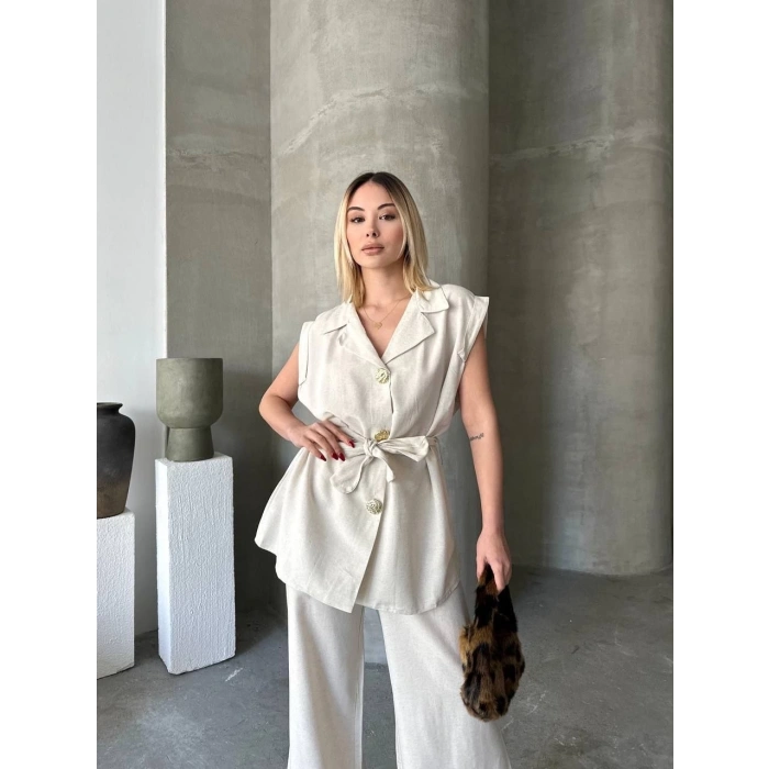 Keten Sıfır Kol Kuşaklı Ceket Pantolon ikili Takım - Beyaz