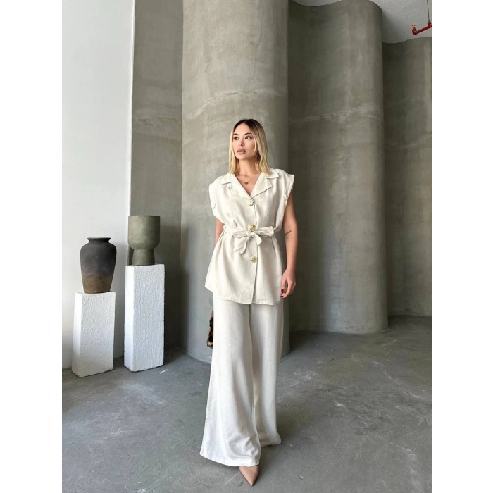 Keten Sıfır Kol Kuşaklı Ceket Pantolon ikili Takım - Beyaz