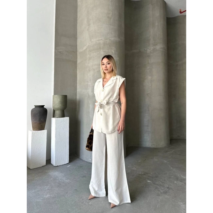 Keten Sıfır Kol Kuşaklı Ceket Pantolon ikili Takım - Beyaz
