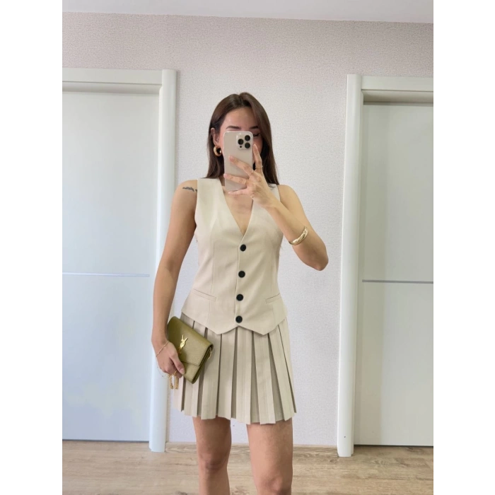 Keten Takım Görünümlü Düğme Detaylı Yelekli Mini Elbise - Bej