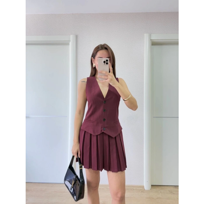 Keten Takım Görünümlü Düğme Detaylı Yelekli Mini Elbise - Bordo