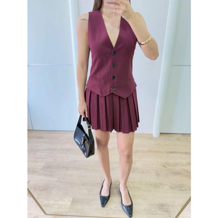 Keten Takım Görünümlü Düğme Detaylı Yelekli Mini Elbise - Bordo