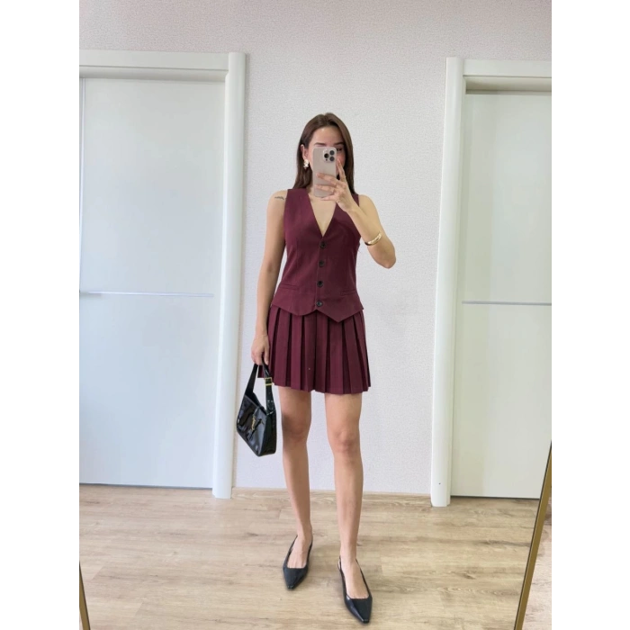 Keten Takım Görünümlü Düğme Detaylı Yelekli Mini Elbise - Bordo