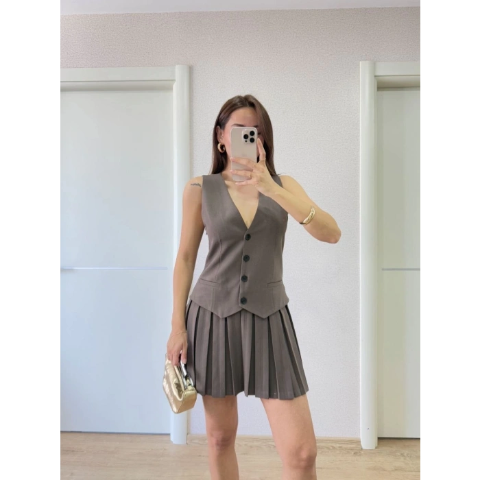 Keten Takım Görünümlü Düğme Detaylı Yelekli Mini Elbise - Füme