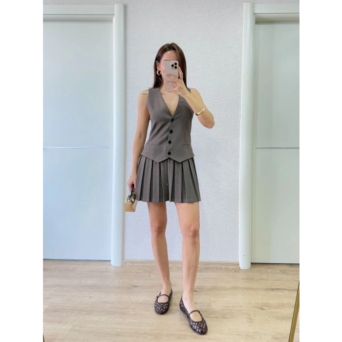 Keten Takım Görünümlü Düğme Detaylı Yelekli Mini Elbise - Füme