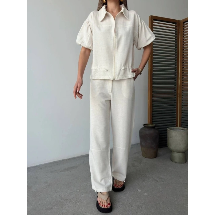 Keten Tam Fermuarlı Kısa kollu Gömlek Pantolon ikili Takım - Beyaz