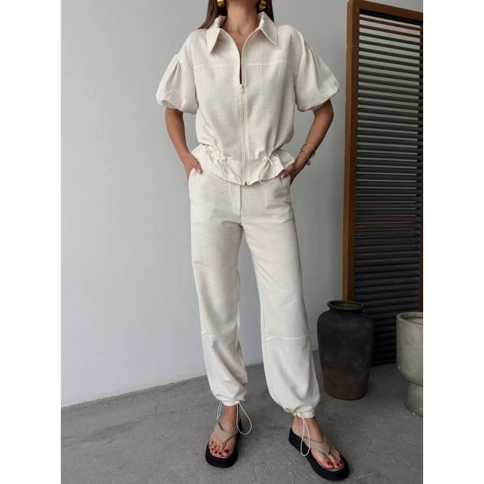 Keten Tam Fermuarlı Kısa kollu Gömlek Pantolon ikili Takım - Beyaz