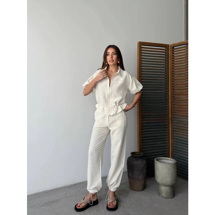 Keten Tam Fermuarlı Kısa kollu Gömlek Pantolon ikili Takım - Beyaz