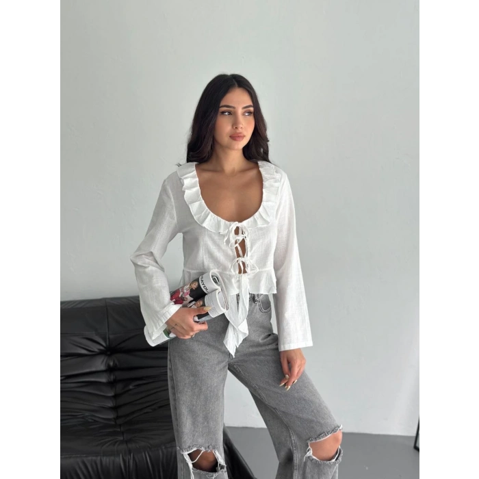 Keten Uzun Kol Bağacık Detaylı Bluz - Beyaz