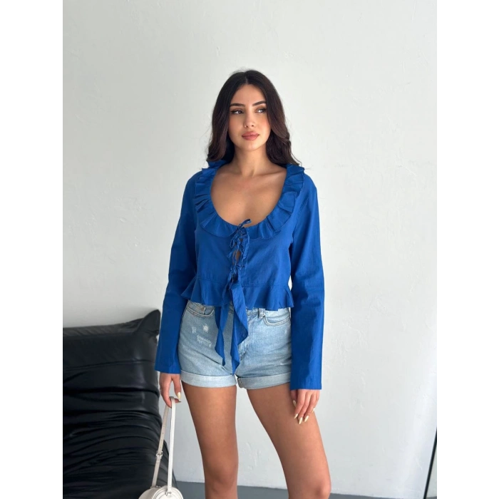 Keten Uzun Kol Bağacık Detaylı Bluz - Lacivert